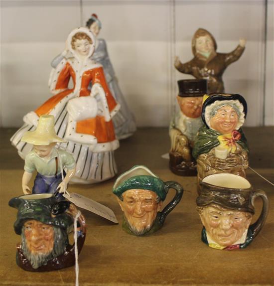 4 Royal Doulton figures, Noelle, Midinette, River Boy & The One That Got Away & 5 miniature toby & character jugs (9)